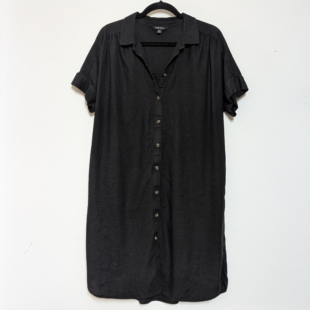 WELL WORN Women Size XL Black Linen-Blend Short Sleeve Button Down Shirt Dress